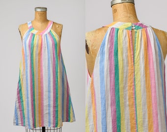 Vintage Linen Rainbow Stripe Dress Sleeveless Summer Dress