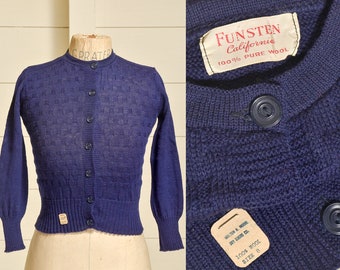 1950s Deadstock Cardigan Sweater Navy Blue Basketweave Wool Knit Button Down Sweater 1