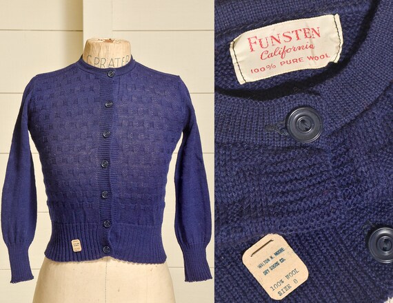 1950s Deadstock Cardigan Sweater Navy Blue Basket… - image 1