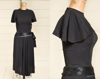 1940s Accordion Sleeve Cocktail Dress Black Rayon w/ Satin Waist Deco Dress