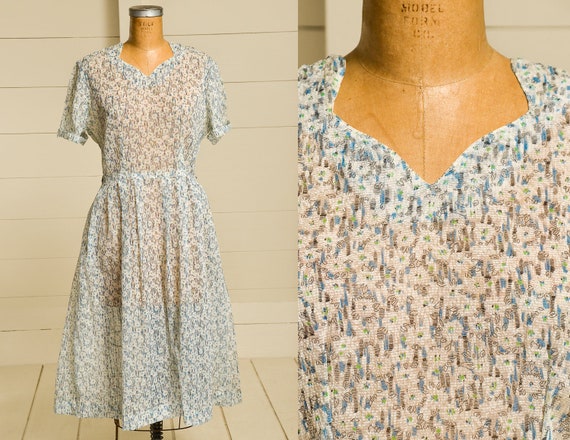 1940s Sheer Floral Wildflower Novelty Print Day Dr