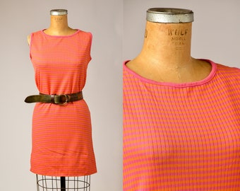 1960s Neon Stripe Dress Sherbet Pink and Orange Mod Soda Shop Dress