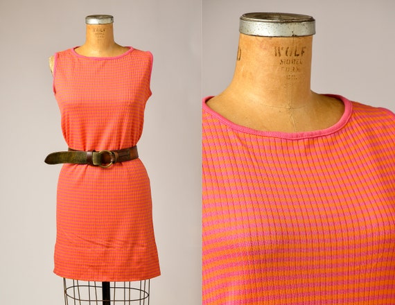 1960s Neon Stripe Dress Sherbet Pink and Orange M… - image 1