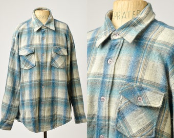 Vintage Wool Flannel Blue Shadow Plaid Classic Loggers Flannel Shirt