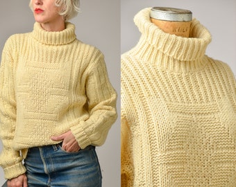 1960s Fisherman Sweater Ivory Wool Knit High Collar Pullover Sweater