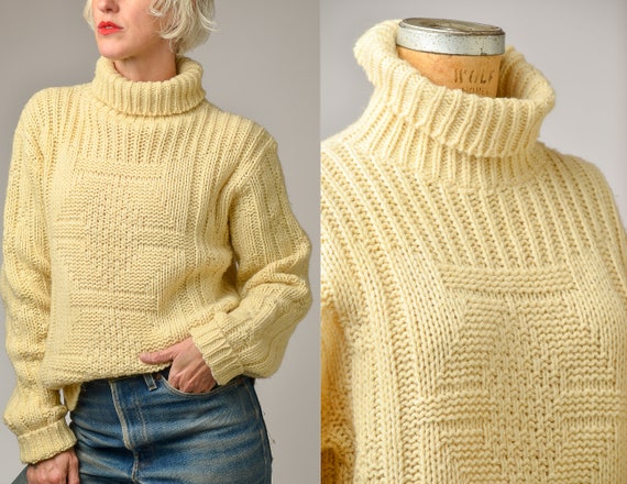 1960s Fisherman Sweater Ivory Wool Knit High Collar Pullover Sweater Etsy Canada