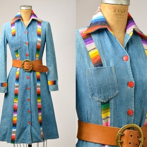 1970s Denim and Saltillo Mexican Blanket Bohemian Button Down Long Sleeve Bohemian Dress