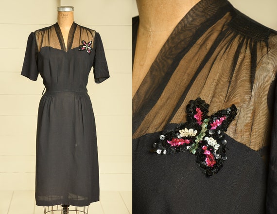 1940s Butterfly Sequin Beaded Black Rayon Cocktai… - image 1