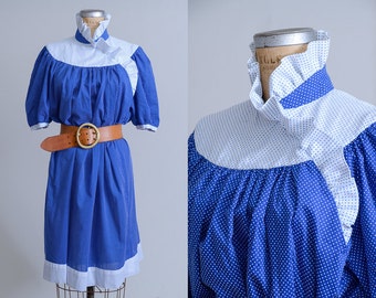 70s Polka Dot Blue & White Full Ruffle Collar Babydoll Dress