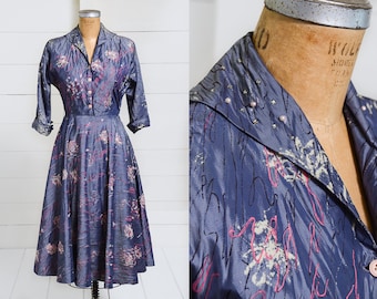 1950s Party Dress Hand Painted Abstract Rose Taffeta w/ Rhinestone Collar Button Down Full Circle Rockabilly Dress