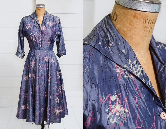 1950s Party Dress Hand Painted Abstract Rose Taff… - image 1