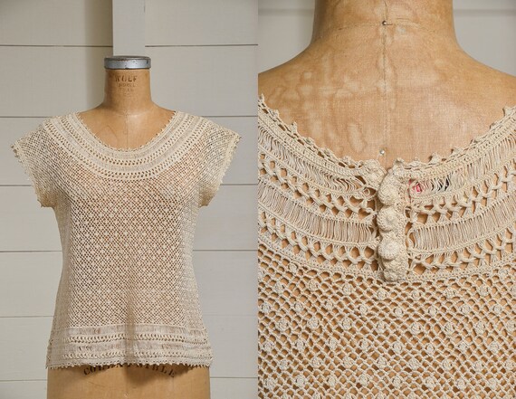 Antique Crochet Blouse Ivory Cotton Button Back Bl