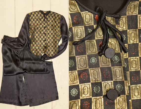 1940s Satin Jumpsuit Black & Gold Palazzo Pant and