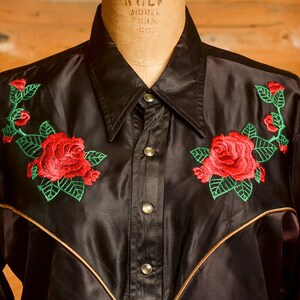 1970s Jizz San Fransisco Glam Rock Black Satin Western Rose Shirt image 2