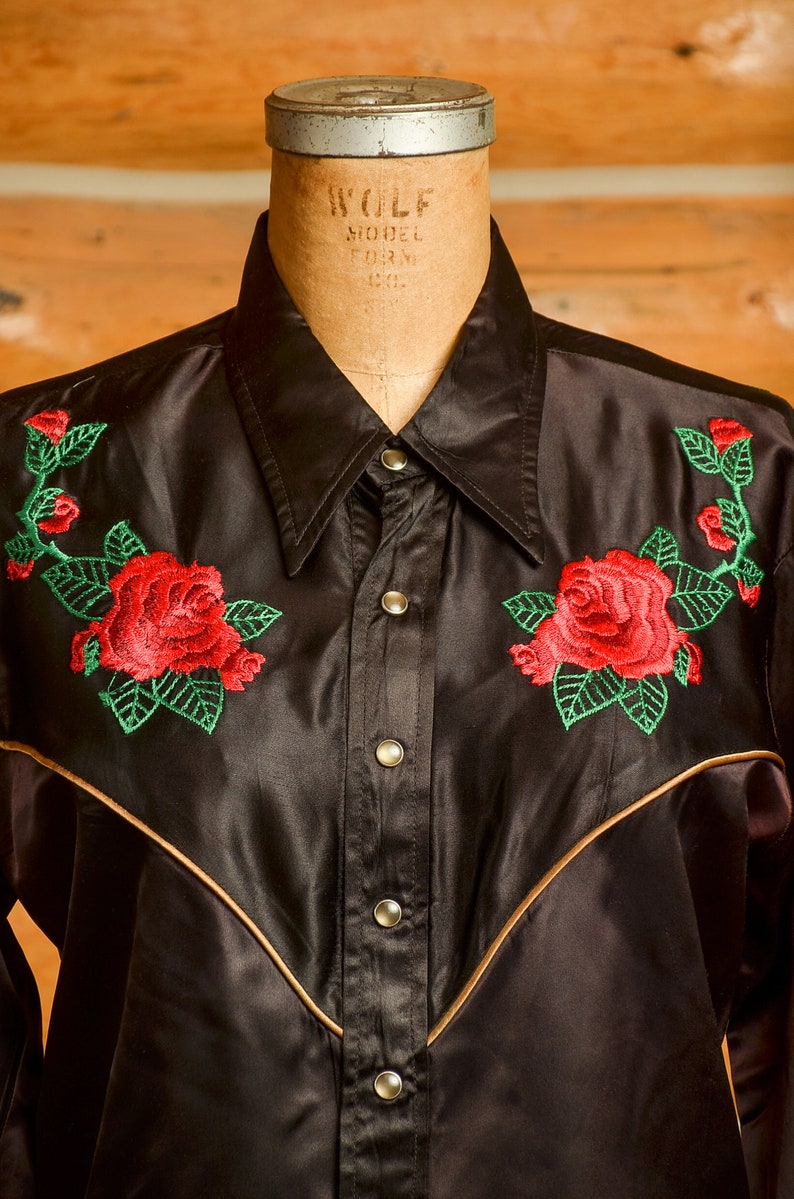 1970s Jizz San Fransisco Glam Rock Black Satin Western Rose Shirt image 2