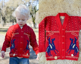 1950s Deadstock Cowboys Sweater Red & Blue Kids Wool Button Down Sweater size 5