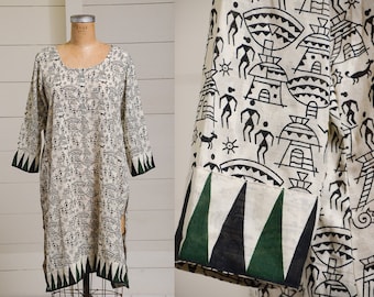 Vintage African Cotton Dress Green & Black Modern Linen Tribal Dress