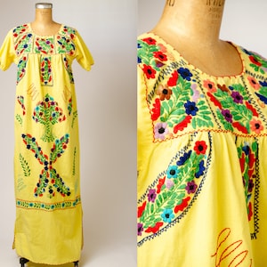 1970s Mexican Hand Embroidered Oaxacan Yellow Cotton Full Length Bohemian Artisan Dress