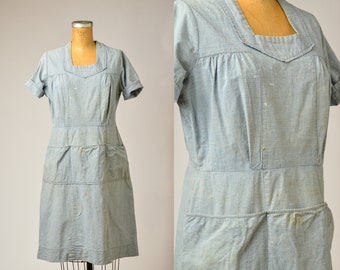 1920s French Denim Work Dress Light Indigo Woven Cotton Chore Dress