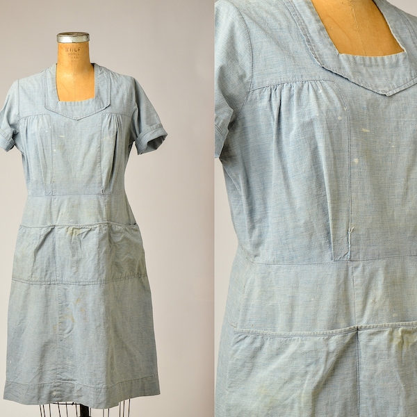 1920s French Denim Work Dress Light Indigo Woven Cotton Chore Dress