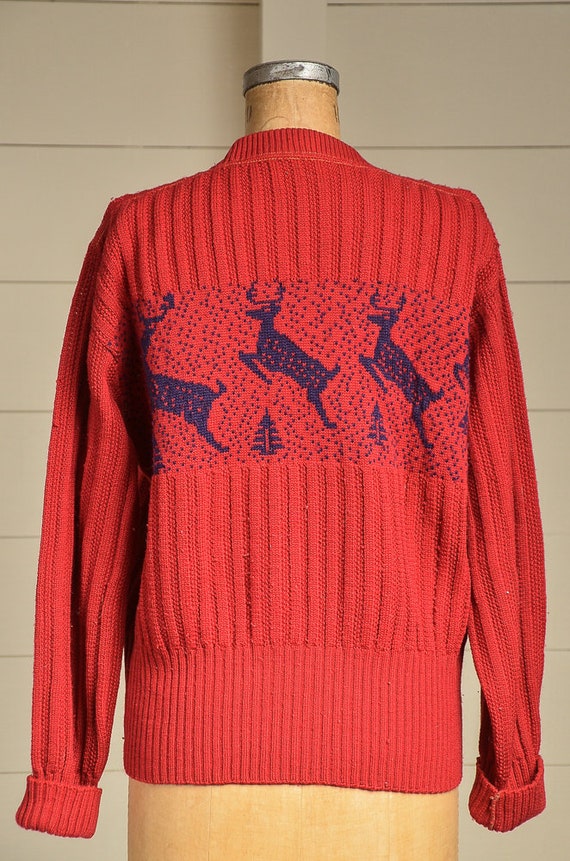 1940s Reindeer Sweater Blue & Red Wool Knit Ski S… - image 4