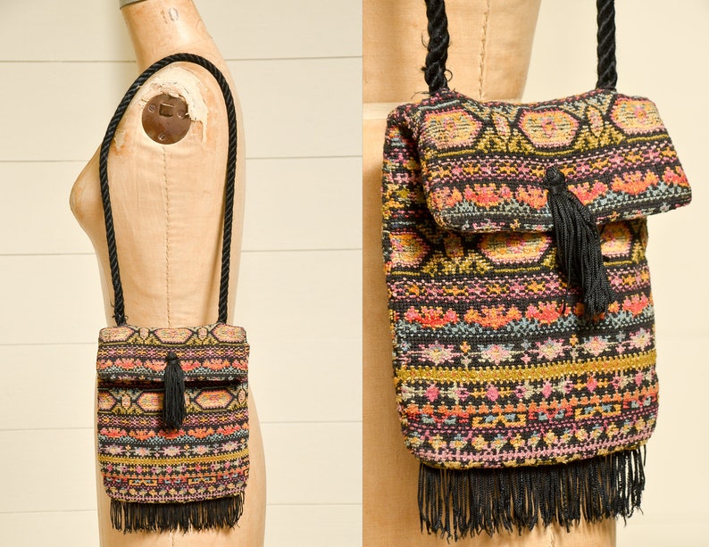 1960s Carpet Bag Tasseled Hippie Knit Carpet Bag image 1