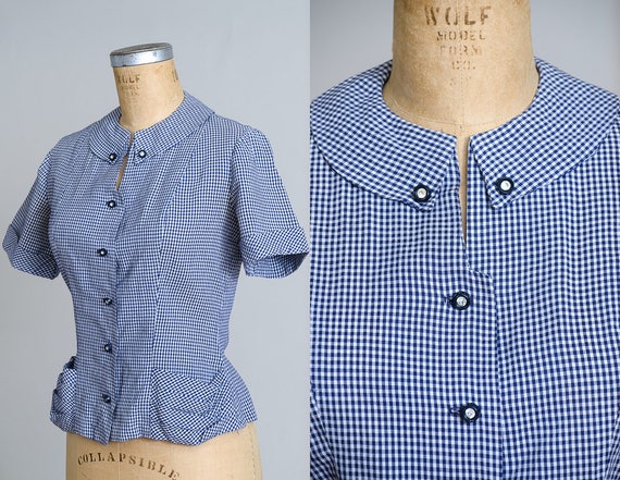 1950s Gingham Plaid Blouse Blue and White Jewel B… - image 1