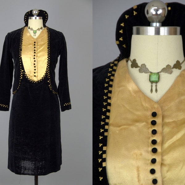 Edwardian Gothic Dress / Gothic High Collar w/Gold Silk Suit Dress