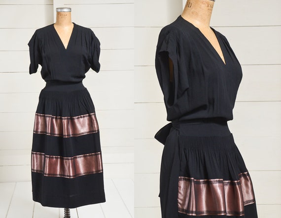 1940s Dress Black Rayon with Pink Silk Color Block