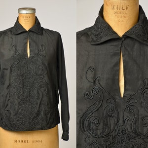 1920s Art Deco Blouse Black Silk Long Sleeve Formal Shirt