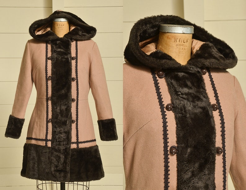 70s Princess Coat Faux Fur with Wool Button Down Hooded Pea Coat image 1