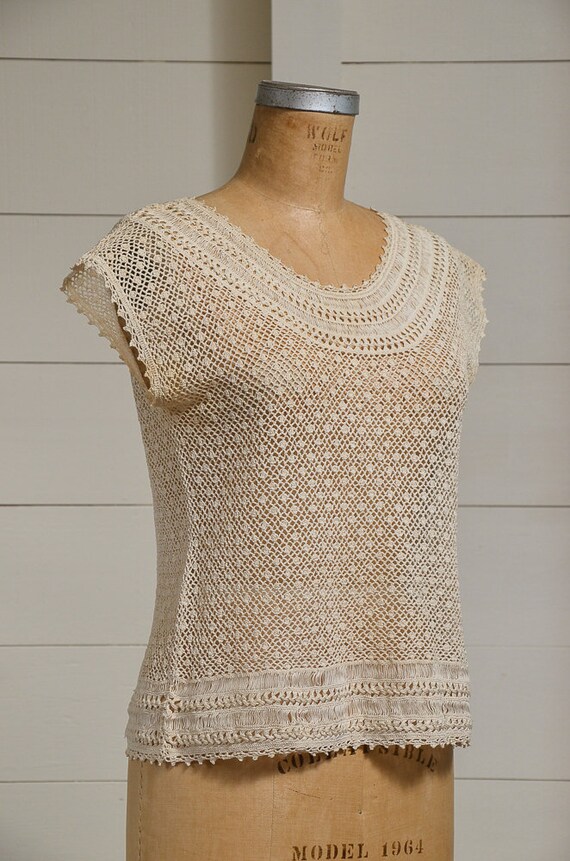 Antique Crochet Blouse Ivory Cotton Button Back B… - image 2