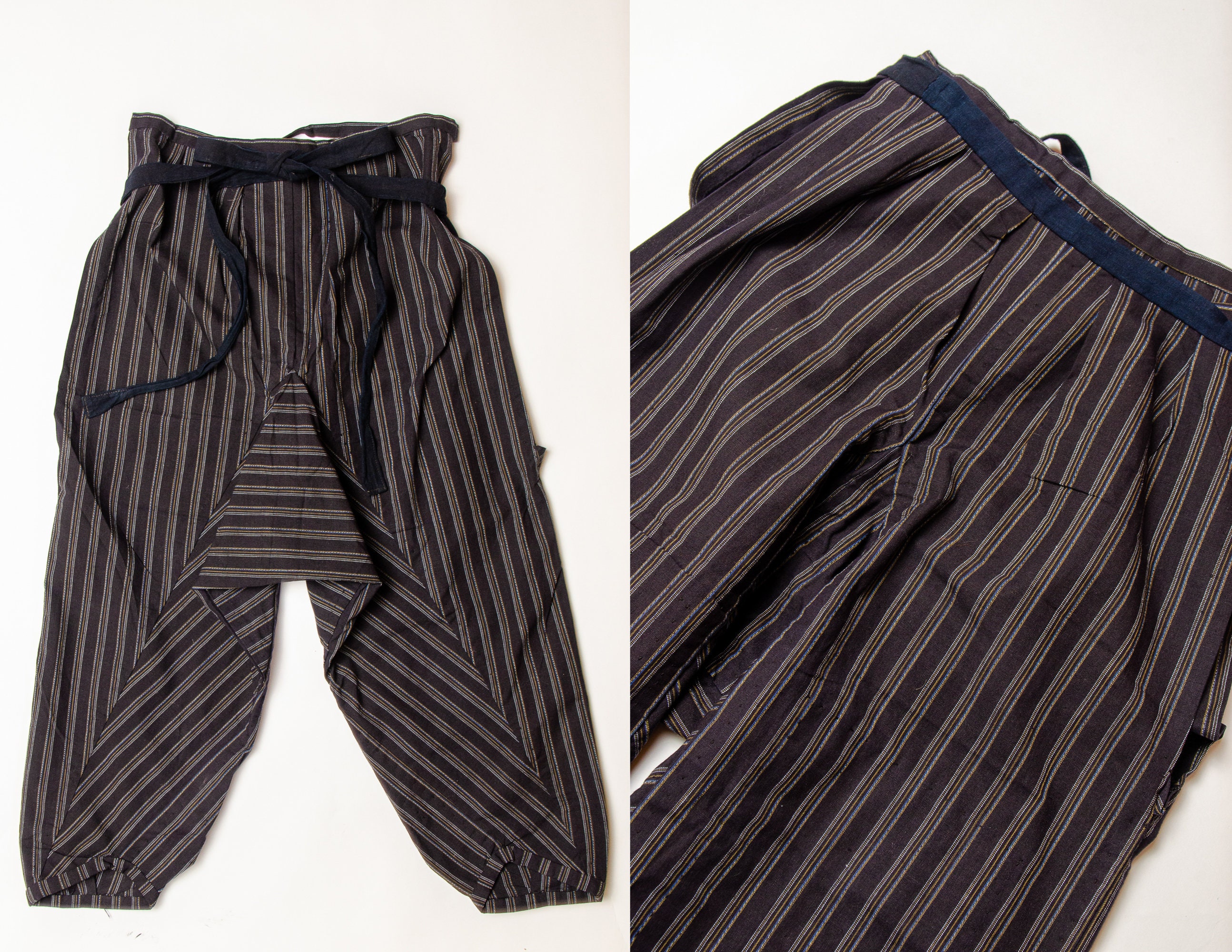 1920s Japanese Indigo Stripe Monpe Wrap Around Work Pants