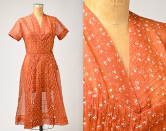 1940s Sheer Floral Rust Orange Chiffon Wildflower Novelty Print Day Dress