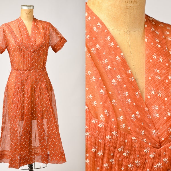 1940s Sheer Floral Rust Orange Chiffon Wildflower Novelty Print Day Dress