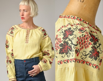 Vintage Embroidered Linen Peasant Blouse
