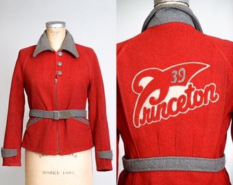 1930s Princeton School Jacket Crimson Wool Grommet Zip Lettermans Jacket