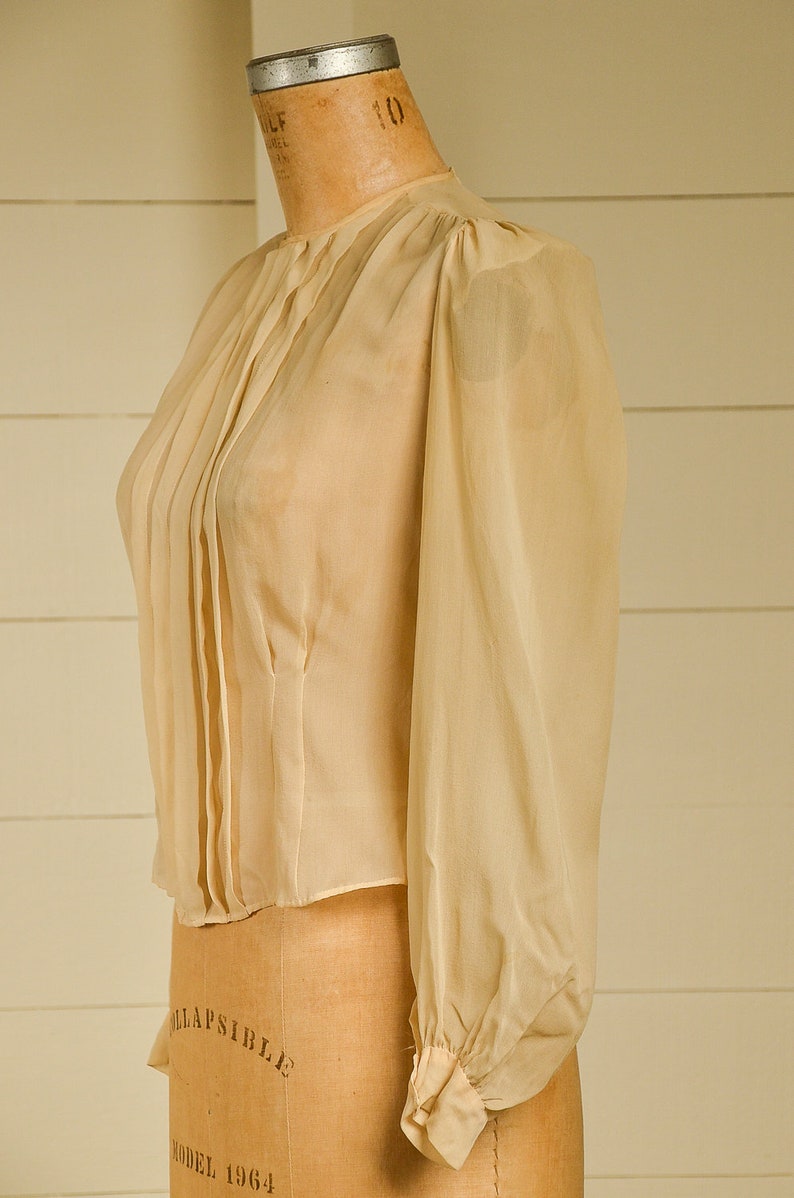 Antique Silk Blouse Sheer Ivory Button Back Pleated Deco Blouse image 3