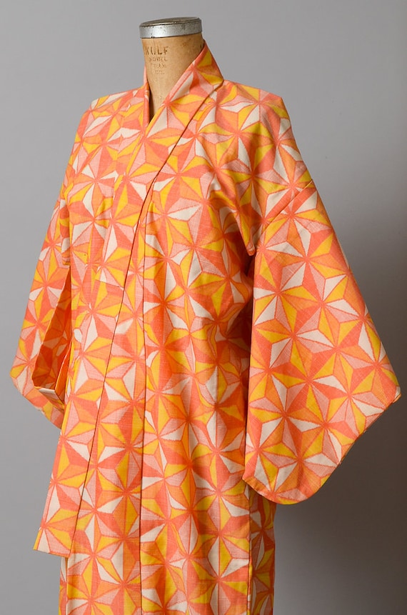 Vintage Kimono Geometric Print Orange Sherbet Cot… - image 2