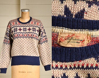 1940s Jantzen Snowflake Sweater Red White & Blue Wool Knit Ski Lodge Sweater