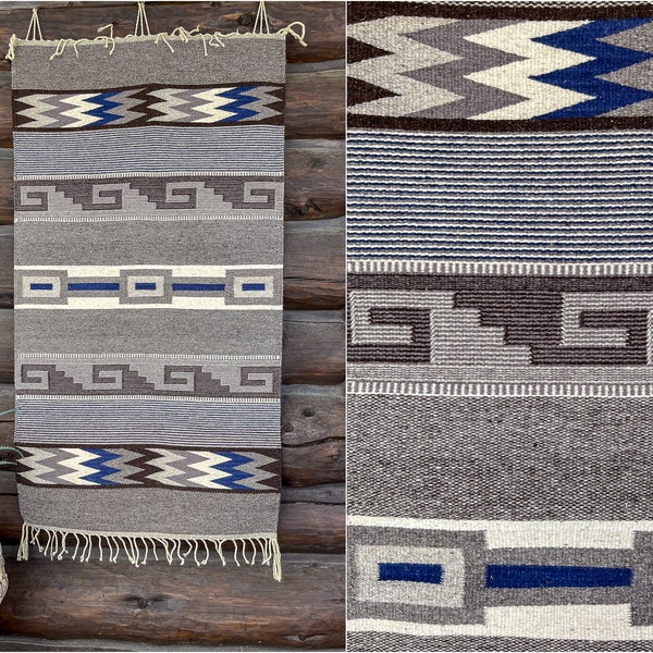 Vintage Handwoven Rug Oaxacan Handmade Brown & Blue Wool Woven Area Rug 62" x 30"