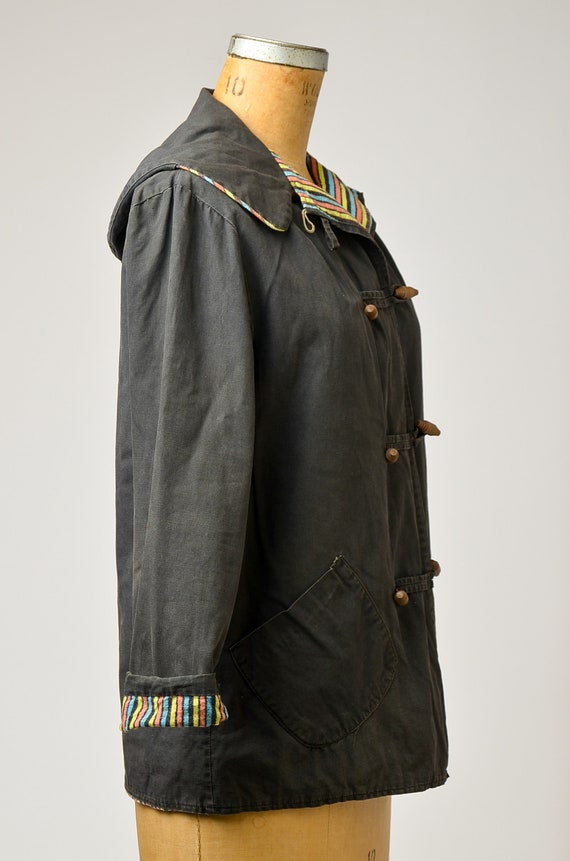 1950s Toggle Coat Deco Striped Black Cotton Hoode… - image 3