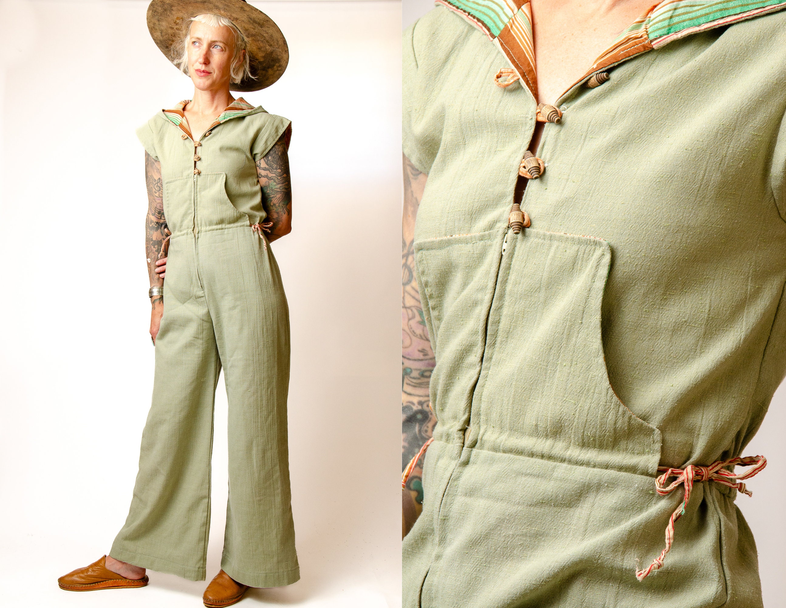 1970er Jahre Leinen Jumpsuit Sage Grün Floral Baumwolle Schlaghose Boho Jumpsuit mit Kapuze