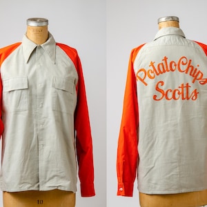 1940er Jahre Brill Leinen Bowling Shirt Block Farbe Kette genäht Langarm League Shirt