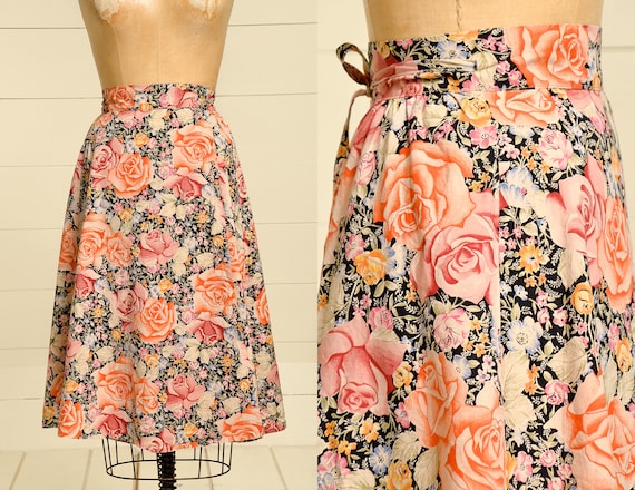 70s Rose Wrap Skirt Pink & Black Cotton High Waist