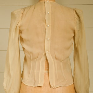 Antique Silk Blouse Sheer Ivory Button Back Pleated Deco Blouse image 4