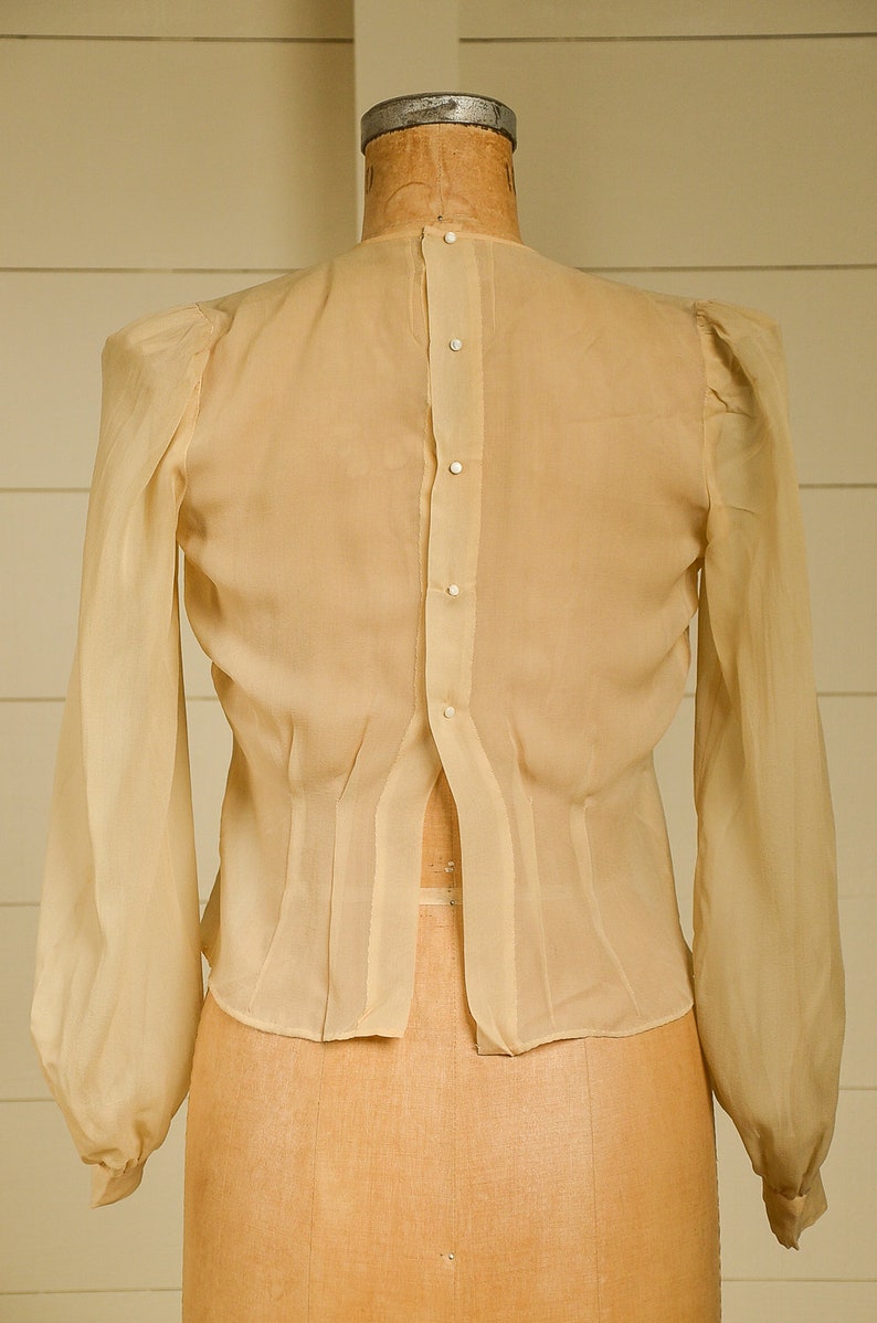 Antique Silk Blouse Sheer Ivory Button Back Pleated Deco Blouse image 4