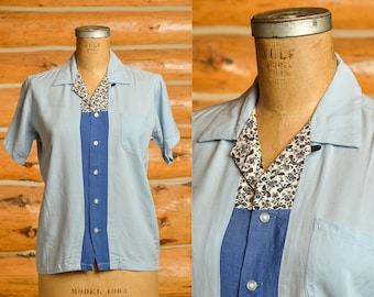 1950s Rockabilly Shirt Blue Color Block Car Club Style Button Down Shirt