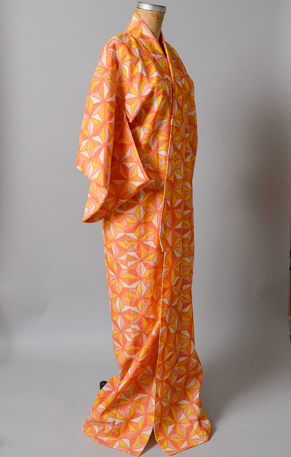 Vintage Kimono Geometric Print Orange Sherbet Cot… - image 4