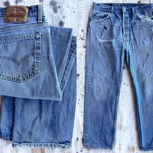 1980s Levis 501 Button Fly Made in USA Distressed Blue Denim Jeans 33 x 27